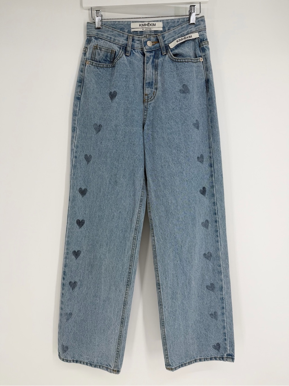 Kimhekim Heart Stamped Print Wide Leg Denim Blue Jeans Size Small My Uniform
